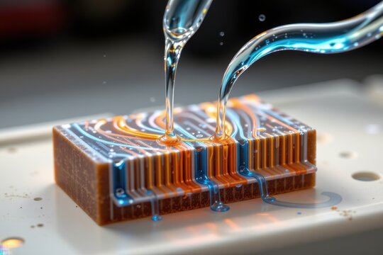 illustrate capillary action within microfluidic devices, showing liquid flowing smoothly through tiny channels, with a focus on surface tension effects, precise micro scale engineering.