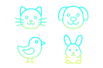 Cute pet and wildlife animal icons with gradient colors, including cat, dog, bird, and rabbit