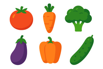 Colorful assortment of fresh healthy organic vegetables including ripe tomato, crisp carrot, green broccoli, purple eggplant, vibrant bell pepper, and cool cucumber