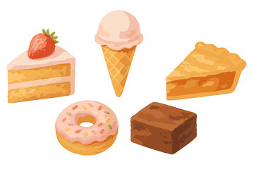 Delicious collection of various sweet treats and baked goods like strawberry cake, ice cream cone, apple pie, frosted donut, and chocolate brownie