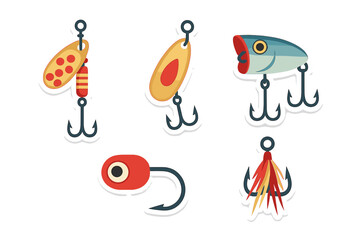 Assortment of colorful fishing lures and hooks including spoons, jigs, and artificial bait for angling sport