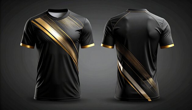 Elegant Black and Gold Soccer Jersey Design Displayed on a Mannequin, Sleek Black Athletic Shirt with Gold Accents Shown on Front and Back Views