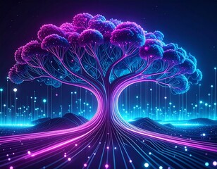 Futuristic tree with glowing roots and branches in a digital landscape.