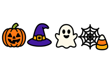 Collection of Halloween holiday symbols including jack-o'-lantern, witch hat, friendly ghost, spiderweb, and candy corn