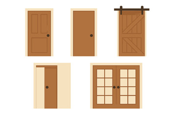 Set of different styles of wooden doors including panel, flush, sliding, barn, and french doors for architectural concepts and interior design