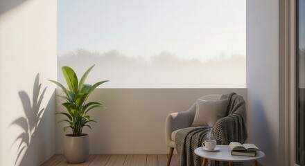 Fototapeta premium Cozy balcony scene with armchair, blanket, book, and serene foggy landscape view creating a