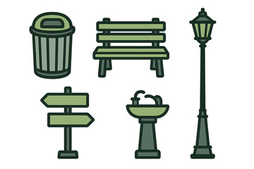 Public park amenities set with bench, lamppost, trash can, sign, and drinking fountain