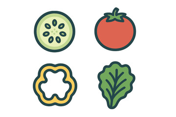 Fresh healthy vegetable icons including cucumber, tomato, bell pepper, and lettuce for diet and nutrition concepts