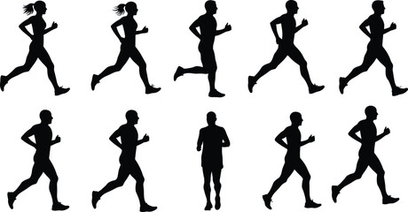 Running silhouettes, athlete stride phases, human motion, jogging posture, fitness movement, black vector, sports illustration set
