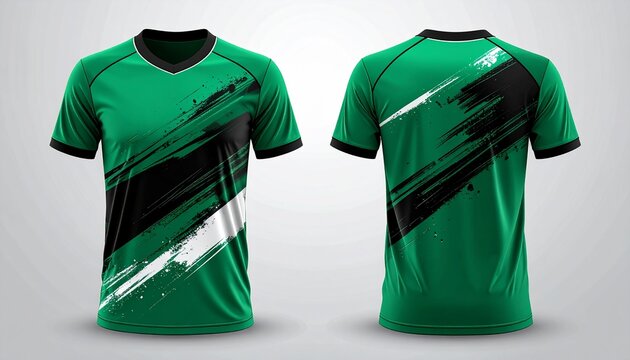 Front and back view of a vibrant green soccer jersey with an eye-catching graphic design,Sportswear template showcasing a modern green t-shirt with dynamic brushstroke patterns