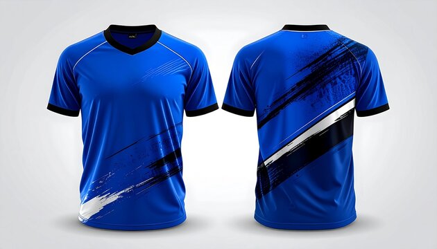 Front and Back View of a Blue Sports Jersey with Abstract Design, Modern Blue Shirt for Athletes with Black and White Accents and a Dynamic Design