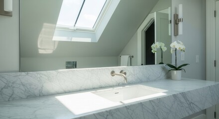 Elegant bathroom interior featuring marble countertop and a bright skylight for luxury feel