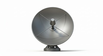 A detailed, close-up view of a metallic satellite dish, isolated on a white background.