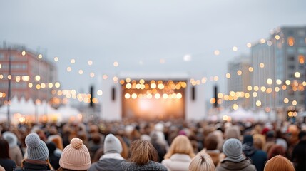 Crowd at Nighttime Concert with Stage Lights and String Lights in City Square with Soft Focus and Evening Atmosphere