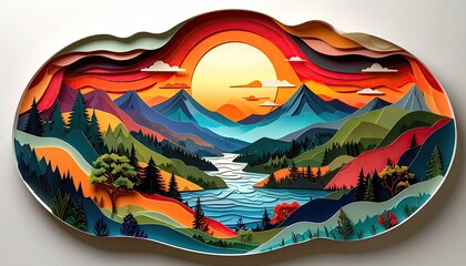 Colorful layered paper cut landscape with sunset, mountains, trees, and river
