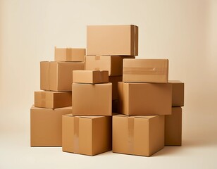 Obraz premium Large Irregular Stack of Cardboard Shipping Boxes - Supply Chain and Inventory Concept - Isolated on Beige
