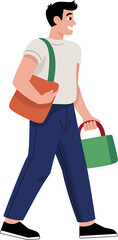 A happy man walk happily, holding bags and shopping bags from a store