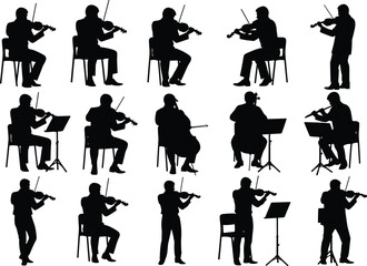 String musicians, violin cello silhouettes, orchestra performance, music stands, classical concert, seated standing figures, illustration set © Jui Creatives