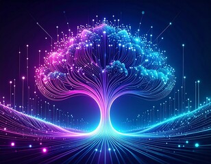 A vibrant, glowing tree of light, symbolizing technology and connection.