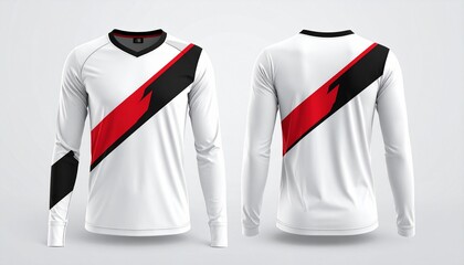 White long-sleeve shirt with a bold red and black diagonal stripe design, Modern football or sports jersey design with a striking diagonal red and black stripe