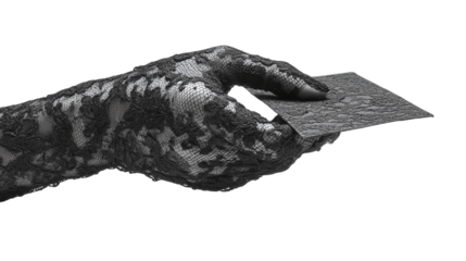 Black lace glove holding invitation, isolated on transparent background 