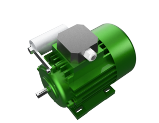 Precision Engineering 3D Cutout: Isolated Green Electric Motor. Detailed Industrial Machinery Component featuring Starting Capacitor and Junction Box. High-Res PNG for Manufacturing, Maintenance, and
