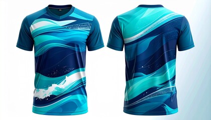 Modern sports jersey with abstract water design showcasing the front and back, A vibrant, digitally designed t-shirt perfect for athletic wear featuring a dynamic water pattern