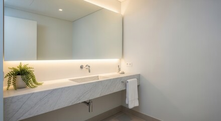 Fototapeta premium Modern bathroom interior with marble sink, large mirror and plant creating a relaxing atmosphere