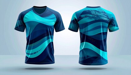 Front and back views of a stylish blue shirt, featuring a wave pattern, perfect for sporty looks, Wave design t-shirt mockup for sports apparel and activewear clothing collections