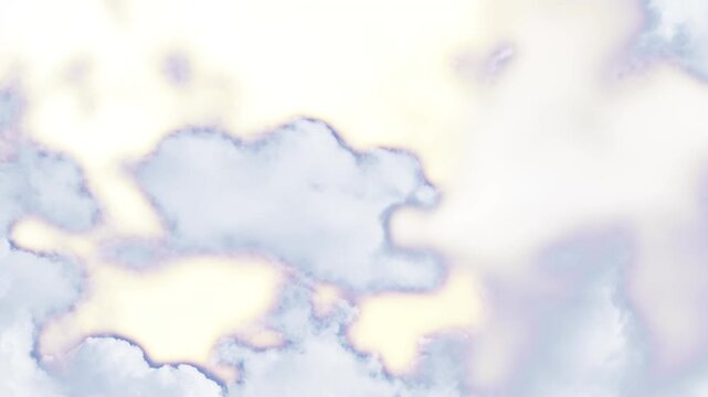 White fluffy, blue and purple clouds crossing a strange yellow sky from left to right. Psychedelic colors. Fancy looping animation. Illustration of a dreamlike skyscape or atmospheric pollution.