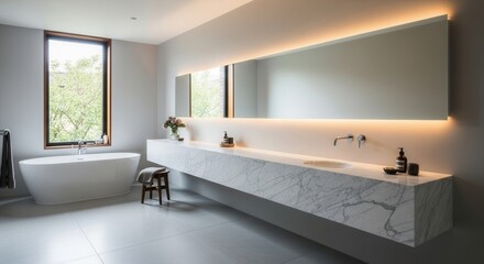 Fototapeta premium Modern luxurious bathroom with marble countertop and illuminated mirror design concept