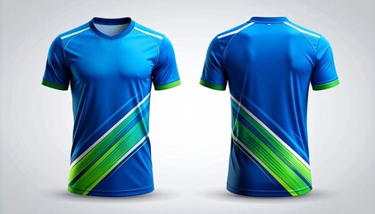 Vibrant Blue and Green Sports Jersey Mockup - Front and Back View, Modern Athletic Apparel Design Presentation