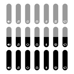 Sound volume setting. Speaker, microphone, headphone, megaphone, music on and off icon. Audio bar, mute.