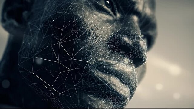 A man's face is covered with intricate geometric lines and glowing connections. The man's skin and glowing lines form a detailed pattern of interwoven connections.