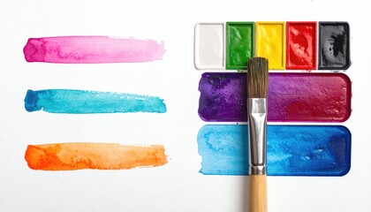 Watercolor paints, brush, and palette on white paper