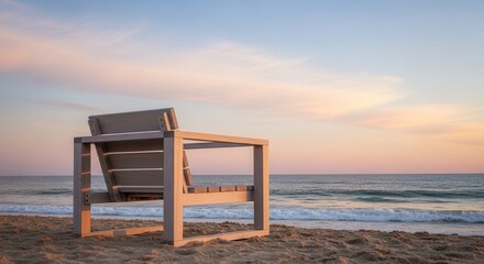 Fototapeta premium Serene Beach Relaxation: Empty Chair Facing the Ocean at Sunset with Soft Pastel Sky The perfect