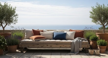 Serene coastal escape featuring a rustic wooden daybed adorned with plush cushions