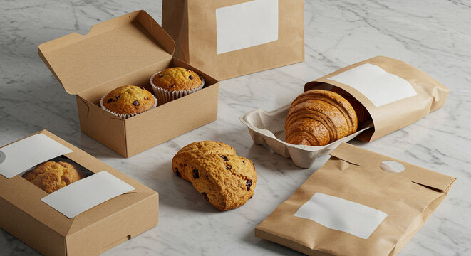 Assorted baked goods in eco-friendly packaging on marble surface