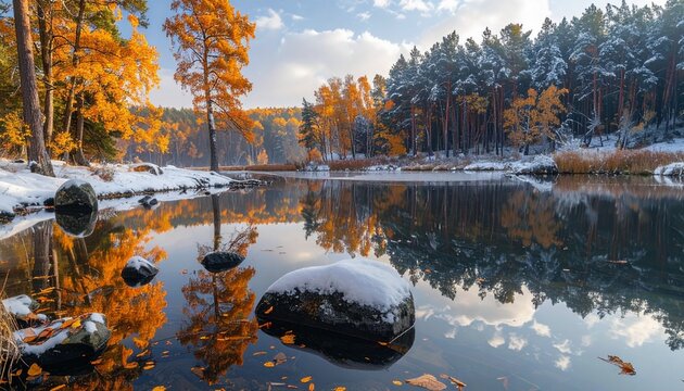 Autumn Reflections: A Tranquil Lake Embraces the Transition of Seasons, Where Fall Colors Meet a Touch of Winter's Frost