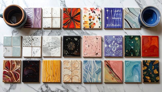 Assorted colorful square coasters arranged on a marble surface