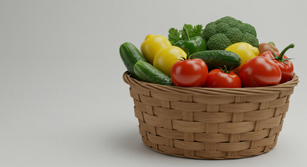 Fresh vegetables in a woven basket on a neutral background  