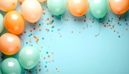 Pastel balloons and confetti on a light blue background