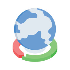 An isometric icon of a globe with two circular arrows, global support vector