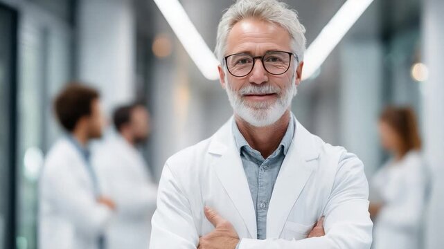 Smiling Senior Scientist: A close-up shot of a distinguished, gray-haired scientist with glasses exudes confidence. He stands proudly in a laboratory hallway alongside his colleagues.