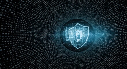 A glowing shield icon with a digital pattern of binary code in the background, representing cybersecurity and data protection.