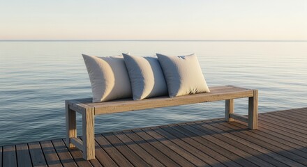Serene wooden bench with soft pillows overlooking a calm sea at sunset creating a peaceful ambiance