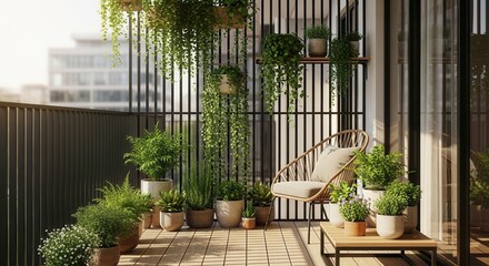 Serene urban balcony oasis with potted plants and comfortable seating creates a calming atmosphere