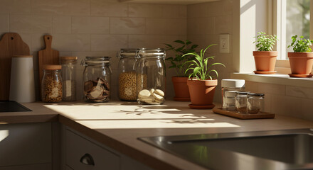 Fototapeta premium Cozy kitchen countertop with jars, plants, and warm sunlight 