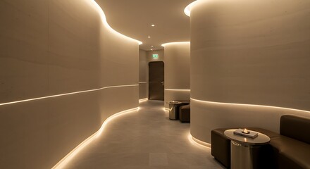 Modern Spa Interior with Ambient Lighting - Curved Walls and Minimalist Design.