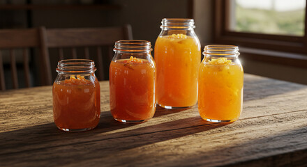 Four jars of orange juice on wooden table in natural light  
